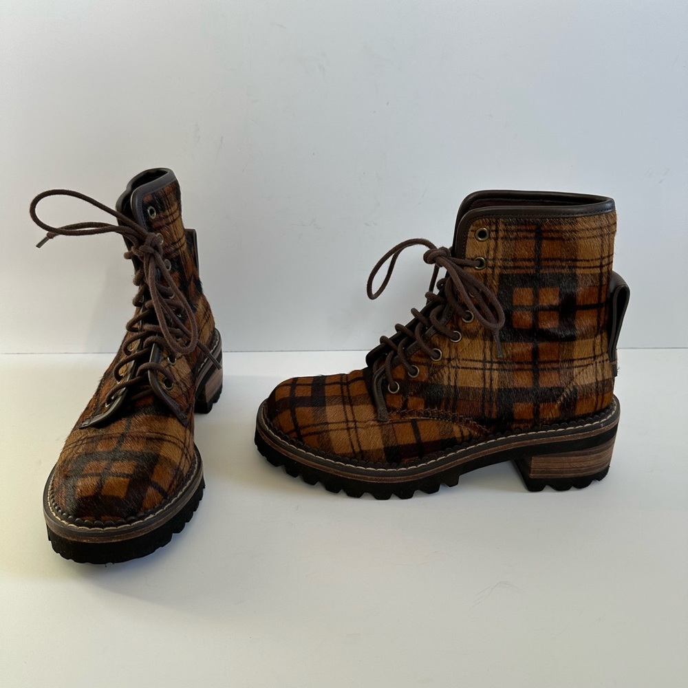 See by Chloé Marta Tartan Plaid Calf Hair Hiking Boots